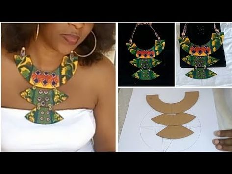 DIY Ankara statement neckpiece from cardboard - YouTube How To Make A Fabric Necklace, African Accessories Diy, African Jewelry Diy, Fabric Necklaces Ideas, Paper Jewelry Ideas, African Jewelry Necklaces, African Inspired Accessories, Ankara Necklace, African Fabric Accessories