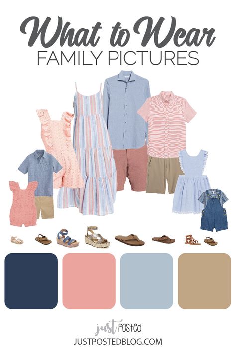 Family Photos Hawaii What To Wear, Navy And Blush Family Pictures Outfits, Pink And Denim Family Pictures, Color Schemes For Spring Family Pictures, Clothes For Family Pictures Summer, Family Photos With Light Blue, Blue Tan Pink Family Pictures, Family Photo Session Color Scheme, Family Photo Pastel Outfits