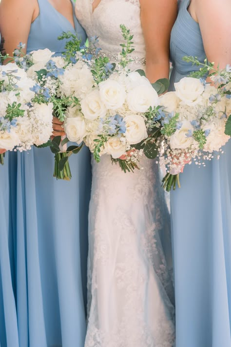 Dust Blue Wedding Bouquet, Diy Dusty Blue Wedding Bouquet, Dusty Blue Bridesmaid Flowers, Blue Brides Bouquet, Hydrangea Blue Bridesmaid Dress, Bridesmaid Bouquet Dusty Blue, Flowers With Blue Bridesmaid Dresses, Sky Blue Bouquet, White And Dusty Blue Bouquet