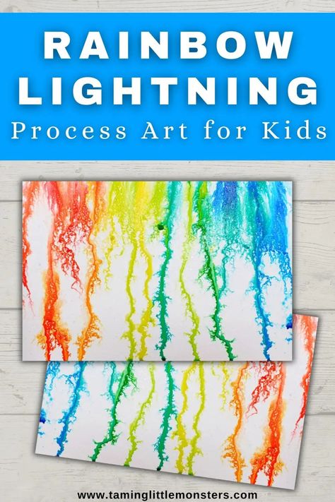 How to Make Rainbow Lightning (Process Art for Kids) - Taming Little Monsters Science Art Kindergarten, Stem Art Projects Elementary, Prek Creative Arts Activities, Creative Discovery For Preschool, Prek Back To School Art Activities, Lightning Preschool Activities, Lightning Craft Preschool, Stem Art For Toddlers, Process Art For Prek