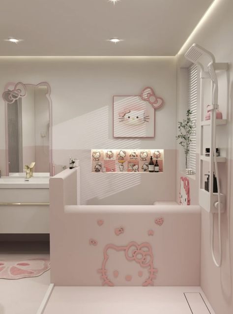 Korean House Interior, Hello Kitty Bathroom, Hello Kitty Bedroom, Themed Bathroom, Pink Baths, Interior Room, Kids Interior Room, Cute Bedroom Decor, Pink Bathroom