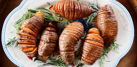 Hasselback Sweet Potatoes by Ree Drummond Sweet Potato Hasselback, Potato Hasselback, Hassleback Sweet Potatoes, Thanksgiving Vegetables Side Dishes, Thanksgiving Vegetable Sides, Hasselback Sweet Potatoes, Ree Drummond Recipes, Sweet Potatoes Recipe, Sweet Potato Cinnamon