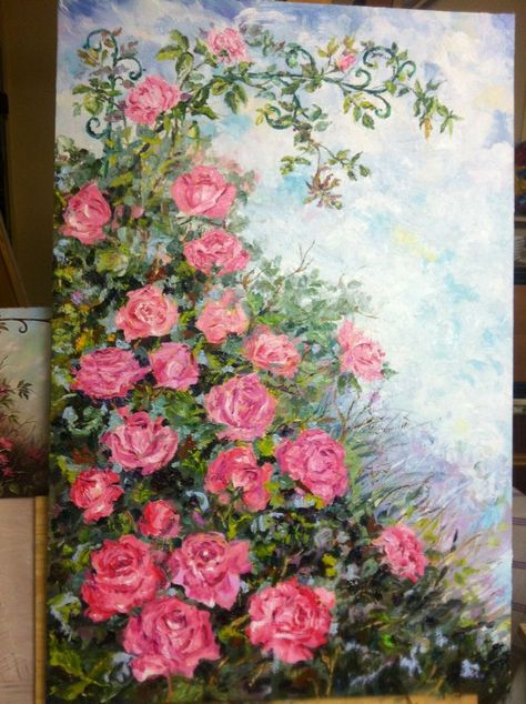 Garden Of Roses Painting, Rose Garden Painting Easy, Rose Paintings Acrylic, Rose Field Painting, Rose Bush Painting, Rose Garden Painting, Paintings Of Roses, Pink Flower Painting, Roses Painting