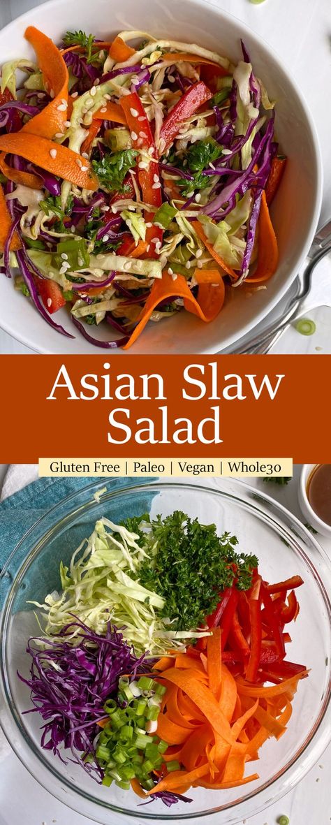 This easy Asian slaw salad recipe is made with green and red cabbage, fresh veggies, herbs and a homemade sesame salad dressing. This Paleo cabbage salad is great alongside grilled chicken, meatballs or used in tacos. It's Whole30, Vegan, Keto and easy to make! #asianslaw #slawsalad #salads #paleodinner #whole30 #vegansalad #ketoslaw Asian Slaw Salad, Easy Asian Salad, Asian Slaw Recipe, Slaw Salad, Paleo Salad Recipes, Red Cabbage Recipes, Slaw Dressing, Slaw Recipe, Paleo Salads