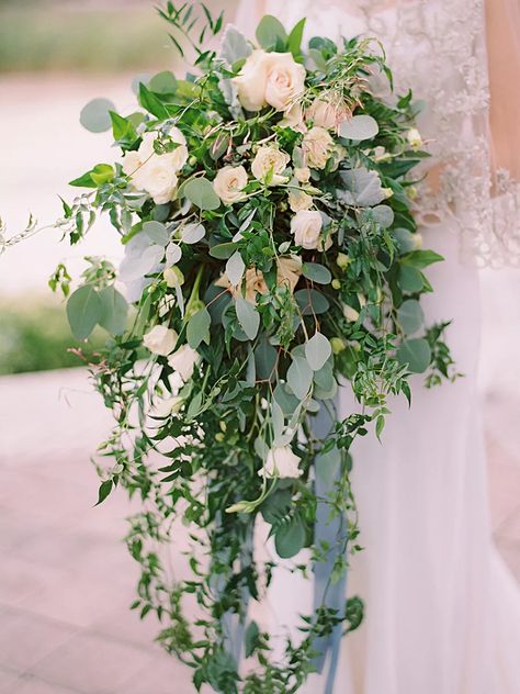 The Prettiest Greenery Bouquets We’ve Ever Seen - roses, jasmine vine, eucalyptus, and dusty miller Unusual Bouquets, Flower Cascade, Bouquet Green, Wedding Goodies, Greenery Wedding Bouquet, Flower Boquet, Creative Centerpieces, Cascading Wedding Bouquets, Round Bouquet