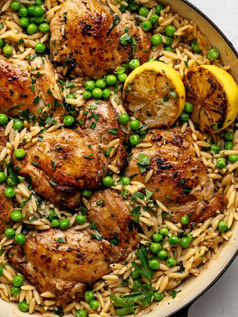 One-Pan Chicken with Lemon Orzo - Sandra Valvassori One Pan Orzo Tuscan Chicken Bake, Orzo Lemon Chicken, Chicken With Lemon Orzo, Lemon Feta Orzo, Lemon Orzo Chicken, Lemon Chicken Orzo, Chicken With Lemon, Lemon Orzo, Feta Chicken