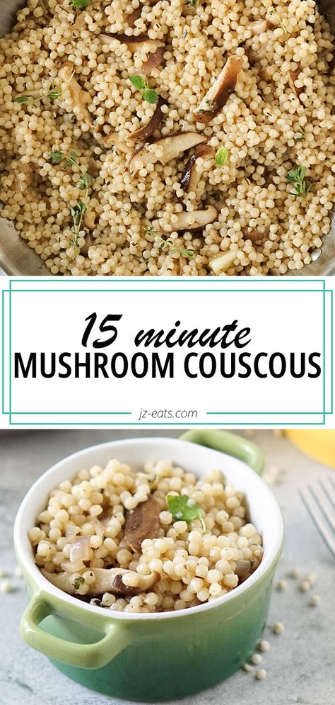 A simple and easy Israeli Couscous Recipe! It's made with the most flavorful mushrooms cooked in butter, thyme, and oregano. It makes the best side dish to chicken, shrimp, or fish. #couscousrecipe  #couscousrecipeseasy #mushroomcouscous #mushroomrecipes Dinner Ideas Couscous, Flavored Couscous Recipes, Couscous Mushroom Recipes, Fish And Couscous Recipe, Easy Pearl Couscous Recipes, Coos Coos Recipes, Couscous Recipes Pearl, Couscous Mushroom, Chicken And Couscous Recipes