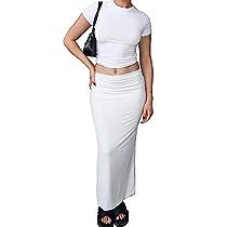 Long Bodycon Skirt, Bodycon Maxi Skirt, Long Skirt Suits, Colorful Crop Tops, Short Sleeve Cropped Top, Body Con Skirt, Summer Skirts, Solid Clothes, Outfit Set