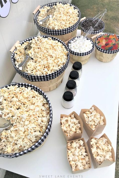 Popcorn Bar Party, Diy Popcorn Bar, Grandmas Birthday, Bonfire Birthday, Gingham Party, Diy Popcorn, Popcorn Treat, A Country Wedding, Holi Party