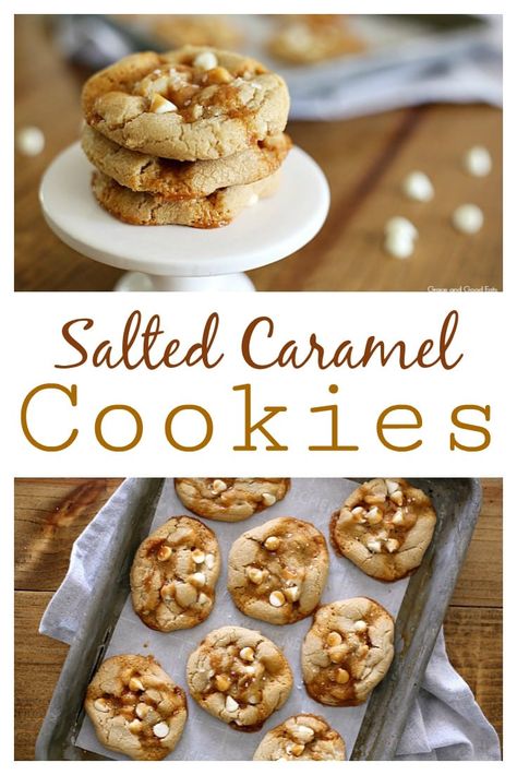 These Salted Caramel Cookies are a match in caramel   flaky sea salt   white chocolate chip Heaven.  Not only do they taste amazing, but the recipe is incredibly easy (no need to soften butter or use a stand mixer). Caramel Cookie Recipes, Salted Caramel Cookies Recipe, Freezable Cookies, Caramel Cookies Recipes, Cookie Base Recipe, Salted Caramel Cookie, Salted Caramel Cookies, Caramel Chocolate Chip Cookies, White Chocolate Chip