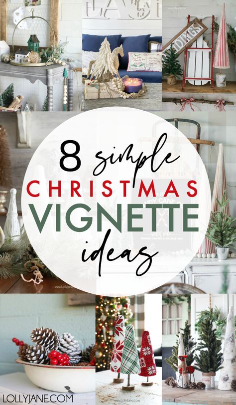 Christmas Staging Ideas, Vintage Decor Christmas, Christmas Table Vignettes, Vintage Christmas Vignettes Display, Vibeke Design Christmas, Winter Vignettes Simple, Christmas Coffee Table Vignettes, Olive Bucket Christmas Decor, Wine Vignette Ideas