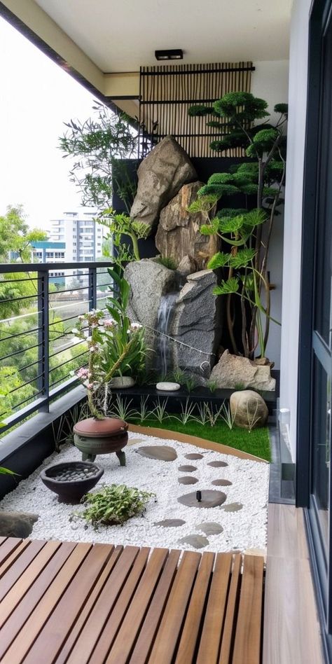 Balcony Japanese Style, Vertikal Garden, Japanese Garden Landscape, Inside Garden, Garden Design Plans, Home Garden Design, Apartment Balcony Decorating, Garden Oasis, Balcony Design