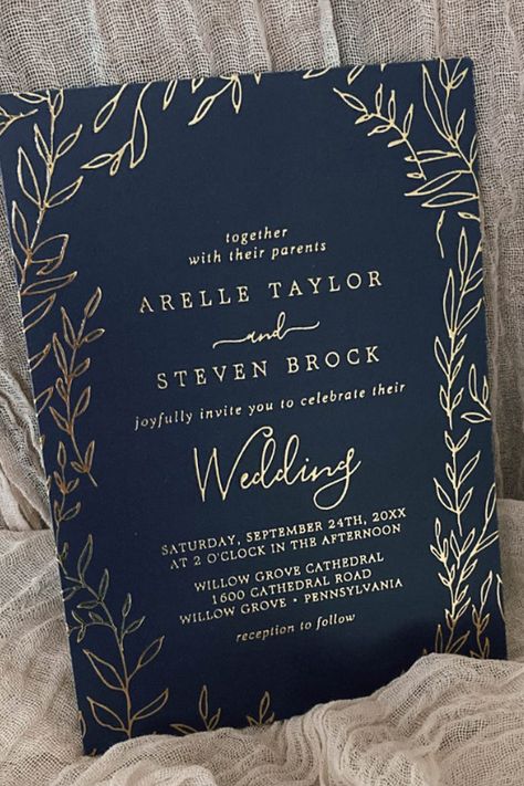 Elegant Gold Floral Navy Blue Wedding Foil Invitation Wedding Invitations Navy Blue, Wedding Invitations Navy, Light Blue Wedding Invitations, Hydrangea Wedding Invitations, Royal Blue Wedding Invitations, Navy Blue And Gold Wedding, Wedding Announcement Cards, Navy Blue Wedding Invitations, Navy Wedding Invitations