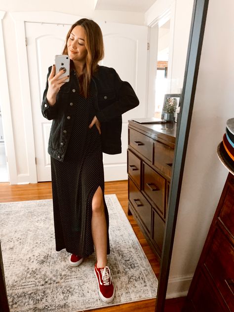 Dress with vans, dress with denim jacket, mirror selfie Vans With Maxi Dress, Vans With Dress Outfits, Dress With Vans, Black Maxi Dress Style, Dress With Denim Jacket, Tight Maxi Dress, Vans Dress, Outfit Vans, Women's Maxi Dresses