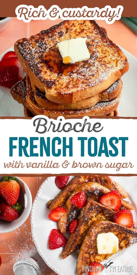 Take classic French toast up a notch by using rich and buttery brioche bread! This makes the BEST French toast recipe and is still super simple — and fast too! Flavored with vanilla and brown sugar, this easy brunch recipe is delicious with strawberries or other fresh fruit. Sweet brunch recipes easy | easy breakfast recipes French Toast Bread Recipe, French Toast Recipe Brioche Bread, Brunch Recipes Easy, Best French Toast Recipe, Brioche French Toast Recipe, Sweet Brunch Recipes, Awesome French Toast Recipe, The Best French Toast, Homemade French Toast