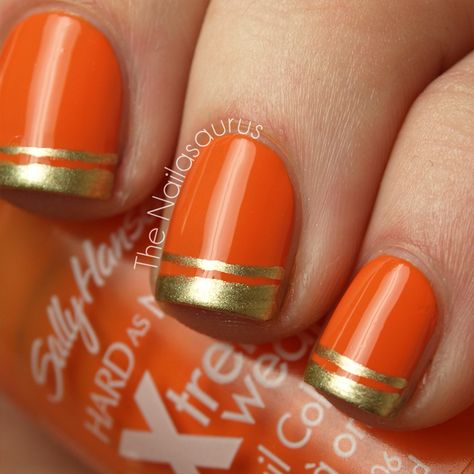 Double Gold Tip French Nails Glitter, Uk Nails, French Manicure Nails, Orange And Gold, Orange Nails, Fabulous Nails, Fancy Nails, Creative Nails, Manicure E Pedicure