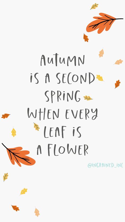 Image of a quote with the text Autumn is a second spring when every leaf is a flower. with orange and yellow leaves designed around the quote Love Autumn Quotes, Autumnal Quotes, September Quotes Autumn, Autumn Motivation, Flowers Language, Pumpkin Quotes, April Weather, September Quotes, Autumn Quote