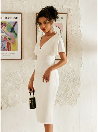 Courthouse Wedding Dress, Column Wedding Dress, Knee Length Wedding Dress, Knee Length Cocktail Dress, V Neck Cocktail Dress, Bow Wedding Dress, House Dresses, Chiffon Cocktail Dress, Rehearsal Dinner Dresses