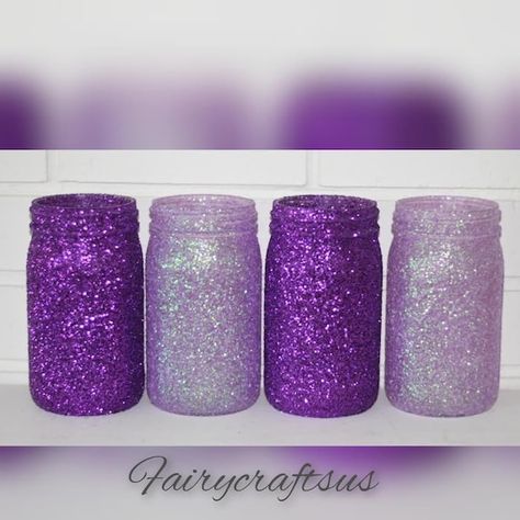 Purple Party Decorations Diy, Purple Birthday Table, Sparkle Table Decorations, Table Decorations Purple, Wedding Centerpieces Purple, Purple Party Decor, Purple Table Decorations, Gold Glitter Mason Jar, Purple Wedding Reception