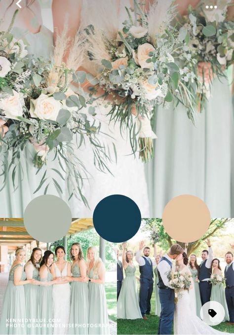 Lakeside Wedding Color Scheme, Wedding Flowers For Sage Green Theme, Wedding Color Palette Late Summer, Sage And Navy Wedding Party, Navy Eucalyptus Wedding, Bridal Party Colors Summer, Summer Colour Palette Wedding, Navy Sage Green Wedding, Eucalyptus Wedding Bridesmaid Dress