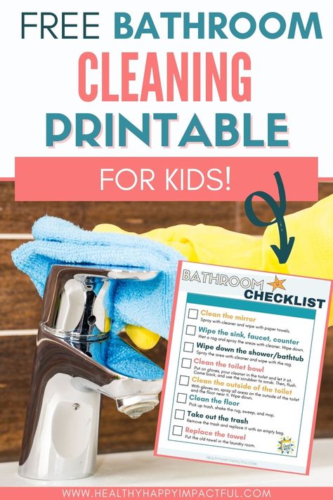 The best bathroom cleaning checklist for kids! Get this free printable for home organization and help kids contribute to the family. Also, includes great bathroom cleaning tips for kids! #freeprintablefamily Kids Cleaning Checklist, Bathroom Checklist, Bathroom Cleaning Checklist, Mirror Cleaner, Kids Checklist, Cleaning Checklist Printable, Bathroom Cleaning Supplies, Cleaning Printable, Kids Cleaning