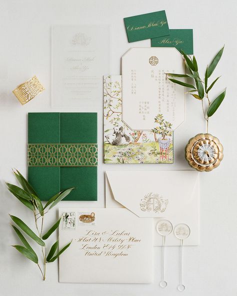 Classic doesn't mean you can't use color. Gold ink, green accents, and even a sheet of Lucite came together on this suite, and Hilary Ng illustrated a chinoiserie painting to showcase a predominant theme of the celebration. Budapest Wedding, Chinese Wedding Invitation, Inexpensive Wedding Invitations, Winter Bridal Showers, Wedding Invitation Inspiration, Brides And Grooms, Cheap Wedding Invitations, Classic Wedding Invitations, Traditional Bride