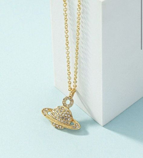 Gold Necklace with Saturn charm - planet necklace with cubic zirconia  | eBay Saturn Charm, Planet Necklace, One Friend, Zirconia Necklace, Cubic Zirconia Necklace, Necklace Chain Lengths, Necklace Chain, Chain Lengths, Chain Length