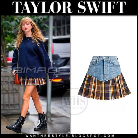 Taylor Swift in blue The Row Ophelia sweater and plaid mini skirt Mother Denim September 30 Taylor Swift In Blue, Board Outfit, Black Combat Boots, Mother Denim, Hem Skirt, Plaid Mini Skirt, Plaid Fashion, Blue Sweater, Fashion Runway