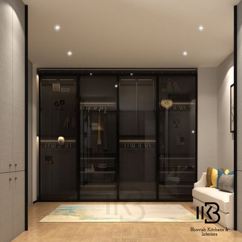 Walk-IN Closet with Black Tinted Glass Shutters Wardrobe Design For Small Bedroom, Design For Small Bedroom, Built In Wardrobe Designs, Closets Ideas, Dress Room, Glass Closet, Modern Cupboard, Bedroom Cupboard, Modern Cupboard Design