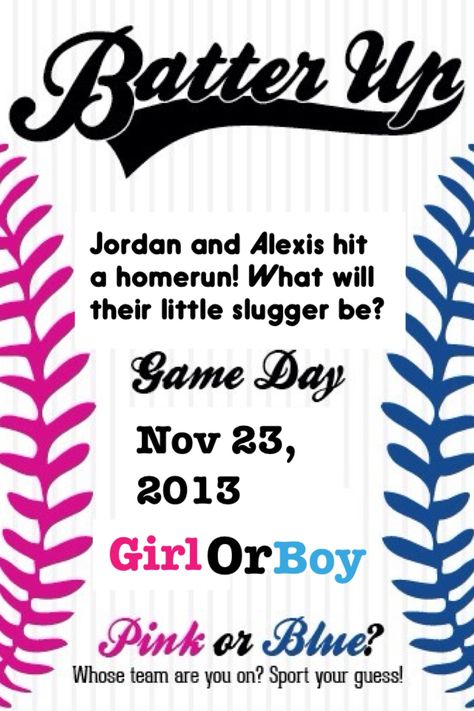 Gender Reveal party invite Baseball Gender Reveal Party Decorations, Softball Gender Reveal Ideas, Gender Reveal Baseball Theme, Baseball Gender Reveal Ideas, Baseball Gender Reveal Party, Football Gender Reveal Invitations, Gender Reveal Baseball, Sports Gender Reveal, Baseball Gender Reveal