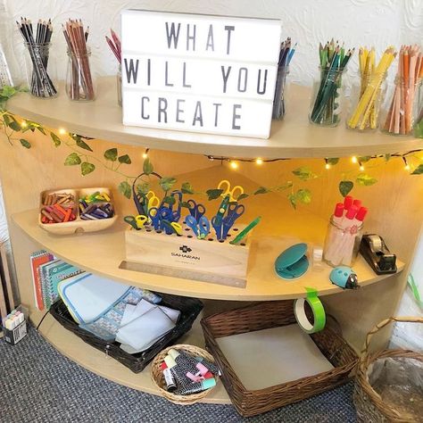 Creative Station Eyfs, Art Area In Classroom, Art Area Kindergarten, Creation Station Eyfs, Art Station Classroom, Daycare Art Center Ideas, Art Area Preschool Classroom, Mixed Age Classroom Setup, Reggio Art Area