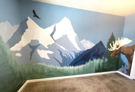 National Parks Nursery Theme, Mountain Playroom, Wilderness Mural, Playroom Mural Ideas, Simple Mountain Mural Nursery, Mountain Wall Painting, Easy Mountain Mural For Nursery, Big Kids Playroom, Playroom Mountain Mural