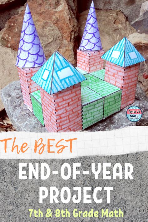 Looking for an end of the year activity? Have students create a castle from geometric nets, count faces, edges & vertices, and then calculate the surface area and volume! Make it a competition to make this project PERFECTLY engaging for your students!  #taylorjsmathmaterials #middleschoolmath #7thgrademath #8thgrademath #mathactivities #mathproject #surfacearea #volume #endoftheyearproject End Of The Year Math Projects, Area And Volume Activities, Surface Area And Volume Projects, End Of Year Math Projects Middle School, Geometry Projects Middle School, Middle School Math Projects, Surface Area Activities, Math Projects Middle School, Middle School Geometry