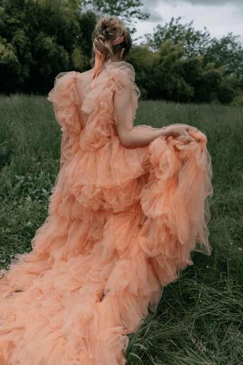 Peach Wedding Aesthetic, Peach Fuzz Wedding, Pantone Peach Fuzz, Coral Wedding Dress, Brooklyn Botany, Colourful Wedding Dress, Peach Character, Peach Tulle Dress, Peach Wedding Dress