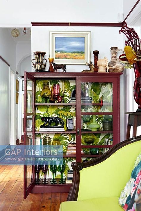 Colourful glassware in display cabinet Maximalist Display Cabinet, Colourful Glassware, Kitchen Display Cabinet, Eclectic Kitchen, Kitchen Display, Colored Glassware, Interior Photography, Small Apartment, Display Cabinet