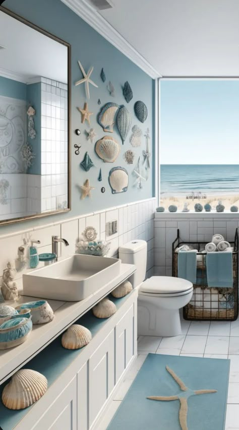 Beach Feel Bathroom, Lighthouse Theme Bathroom, Boho Ocean Bathroom, Small Living Room Ideas Bloxburg, Elegant Beach Decor, Bathroom Ocean Theme, Living Room Ideas Bloxburg, Beach Theme Kitchen, Ocean Themed Bathroom