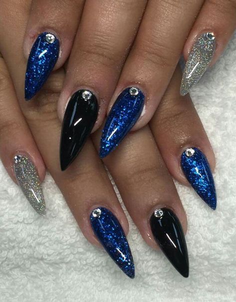 Black And Blue Christmas Nails, Sapphire Blue Acrylic Nails, Black And Blue Glitter Nails, Blue Black Silver Nails, Dark Blue Acrylic Nails Glitter, Blue Black And Silver Nails, Black And Blue Ombre Nails, Black And Blue Nails Acrylic, Royal Blue And Black Nails