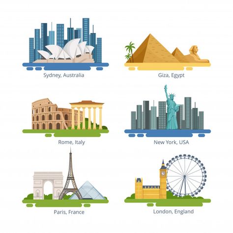 Landmarks Of The World, Landmark Illustration, Different Cities, Retail Store Interior Design, World Icon, Famous Monuments, History Facts Interesting, City Logo, Famous Buildings