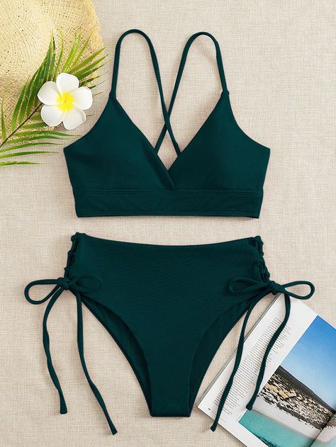 Plain Rib Tie Side Bikini SwimsuitI discovered amazing products on SHEIN.com, come check them out! Beach Swimwear, Beach Swimsuit, Dress For Short Women, Swimwear Sale, Mens Sweatshirts Hoodie, Dark Green, Split, High Waist, Solid Color