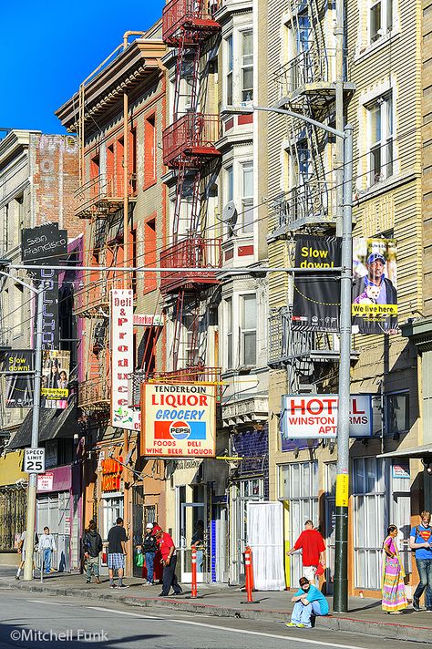 Turk Street In The Tenderloin, San Francisco www.mitchellfunk.com Tenderloin San Francisco, Fisheye Photography, Street Architecture, San Francisco City, House Deco, California Dreamin', California Love, San Fran, San Andreas