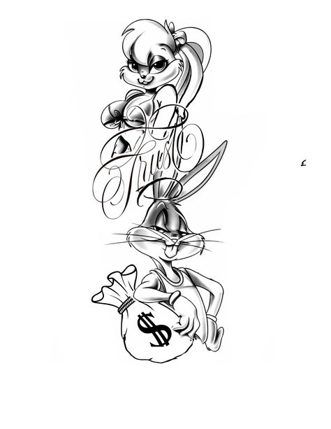 Bugs bunny tattoo design Bugs Bunny Tattoo Design, Lola Bunny Tattoo, Bugs Bunny Tattoo, Lola Bunny, Bunny Tattoo, Bugs Bunny Drawing, Animal Stencil Art, Poppy Drawing, Bunny Tattoos