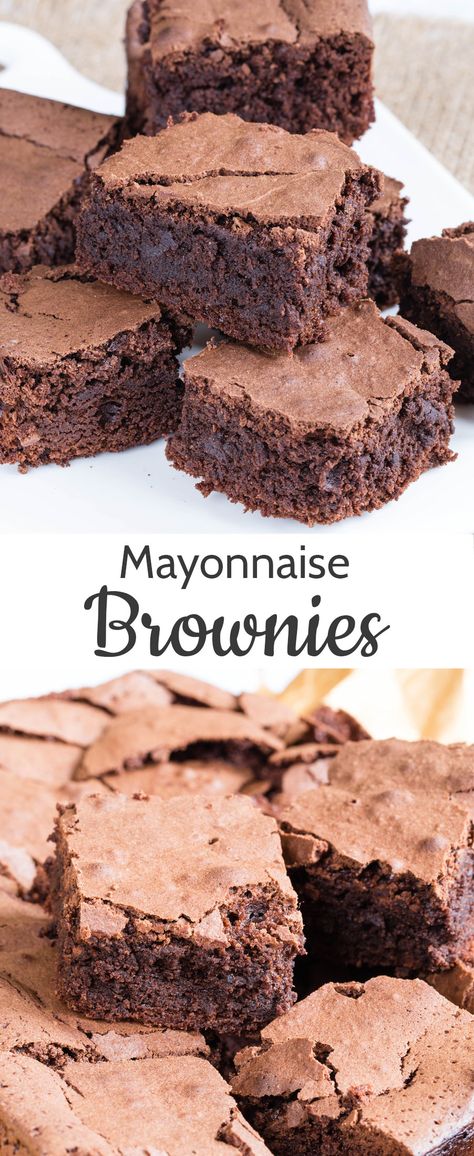 chocolate brownies with mayonnaise are rich, gooey, and deliciously simple. At first glance it seems an odd combination, but the main ingredients of mayonnaise are eggs and oil so it makes perfect sense. Brownies With Mayonnaise, Baking With Mayonnaise, Cooking With Mayonnaise, Mayo Brownies, Mayonnaise Desserts, Recipes Using Mayonnaise, Mayonnaise Cookies Recipe, Recipes With Mayonnaise, Recipe With Mayonnaise