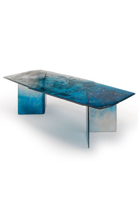 Artisan and architectural Murano glass dining table  shown here in cloudy blue and silver coloured glass Resin Table Ideas Kitchen & Dining Tables, Mediterranean Dining Table, Glass Table Dining, Glass Dinning Table, Luxurious Dining Table, Modern Glass Dining Table, Blue Dining Tables, Bespoke Dining Table, Cozy Baby Room