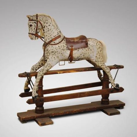 19TH CENTURY DAPPLE ROCKING HORSE Hansord Vintage Equestrian, Wooden Rocking Horse, Rocking Horses, Painting Words, Pull Toy, Rocking Horse, Animal Figurines, Horse Hair, Natural History