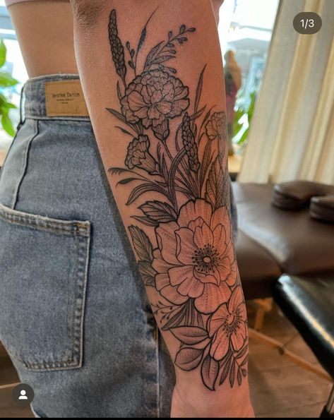 Floral Sleeve Tattoo Forearm, Bold Forearm Tattoo Women, Floral Tattoo Sleeve Forearm, Flower Tattoos Filler, Elbow Sleeve Tattoos For Women, Medium Shoulder Tattoo, Shoulder Cap Half Sleeve Tattoo, Tattoo Ideas Flower Sleeve, Arm Sleeve Tattoo Ideas Female