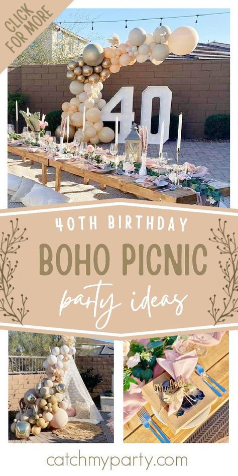 Birthday Party Ideas Themes Adults, Table Setting For Birthday Party, 40th Birthday Outdoor Party Ideas For Women, 40th Birthday Picnic Ideas For Women, Rustic Theme Birthday Party, Bohemian Theme Birthday Party, Boho Style Birthday Party, 40th Birthday Ideas For Women Outdoors, Boho Picnic Birthday Party Ideas