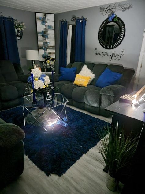 Royal Blue And Gray Living Room Ideas, Living Room Inspiration Grey And Blue, Blue Black Living Room Ideas, Royal Blue And Black Living Room, Gray And Royal Blue Living Room Decor, Blue Apartment Decor Living Room, Blue And Black Living Room Ideas, Royal Blue House Decor, Royal Blue Living Room Color Scheme