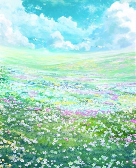 Flower Field Anime, Flower Field Digital Art, Anime Spring Aesthetic, Spring Anime Aesthetic, Anime Flower, Best Islamic Images, Blue Aesthetic Pastel, Cute Pastel Wallpaper, Greek Mythology Art