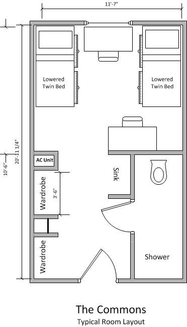 College Layout Floor Plans, Dorm Layout Ideas Floor Plans, College Dorm Floor Plan, College Dorm Layout Floor Plans, Liberty University Dorm Commons, Hostel Room Layout, Dorm Floor Plan, Sims 4 Dorm Room, Liberty University Dorm