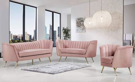 Pink Velvet Chair, Pink Velvet Sofa, Contemporary Loveseat, Gold Sofa, Tufted Loveseat, Velvet Living Room, Set Sofa, Pink Sofa, Pink Living Room